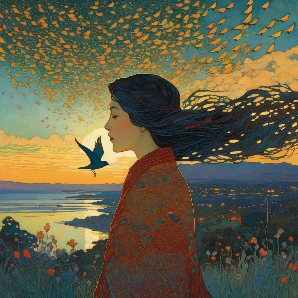 Woman Flying with Birds: Illustration and Impressionism