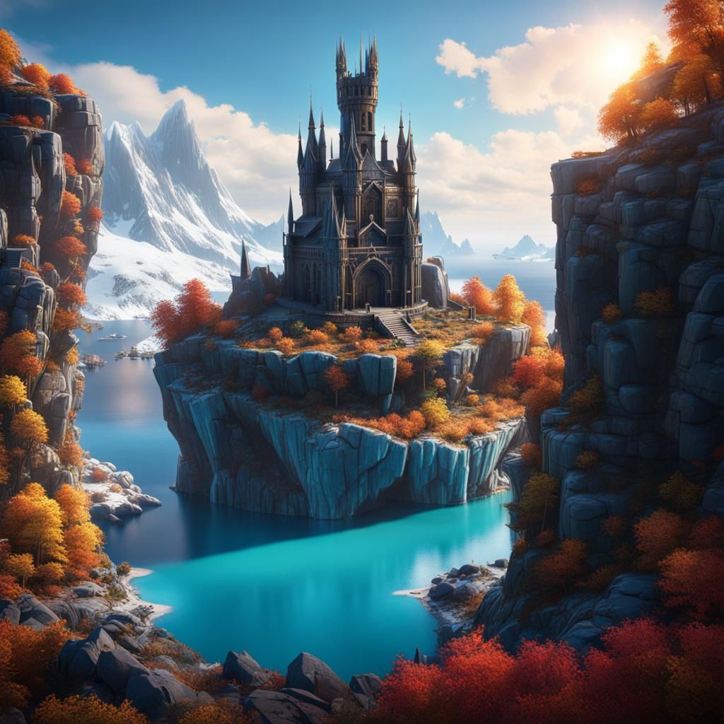 Icy Lake Tower: Detailed Fantasy Art