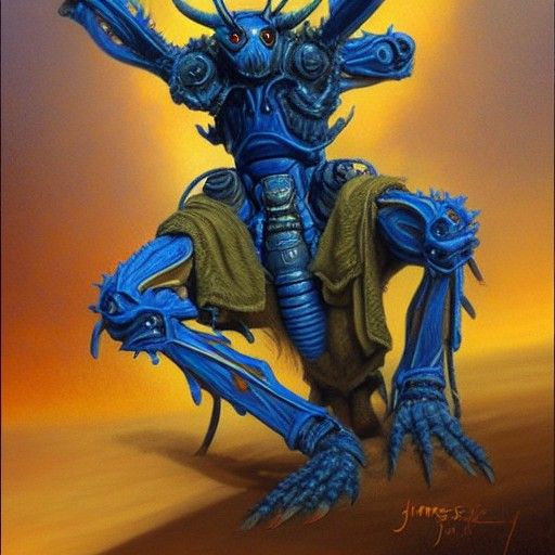 Blue Insect Warrior with Four Arms in Oil Painting