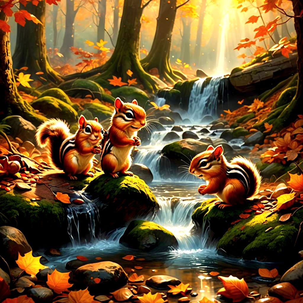 Chipmunks Playing in Autumn Waterfall Wonderland