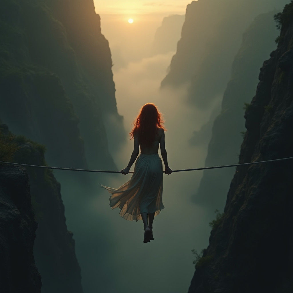 Red-Haired Woman on Tightrope Over Abyss