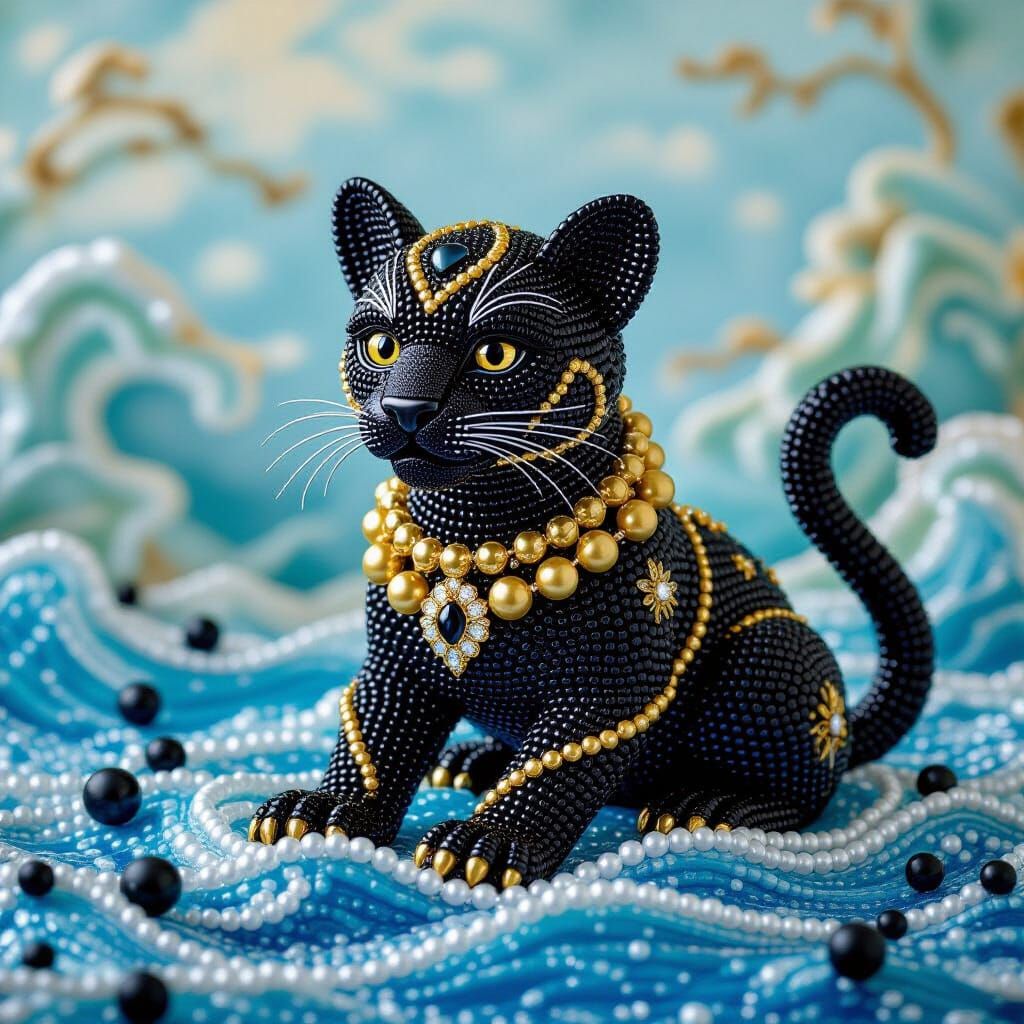 Beaded Black Panther Sculpture in Hyper-Real Style
