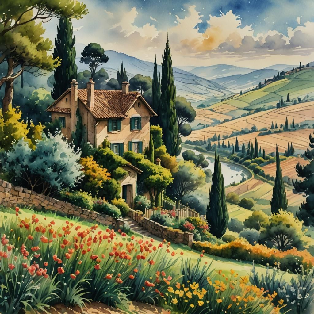 Italian Countryside Cottage in Watercolor and Ink