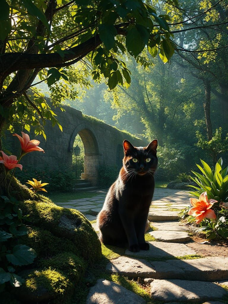 Sun-Dappled Garden with Black Cat in Splash Art Style