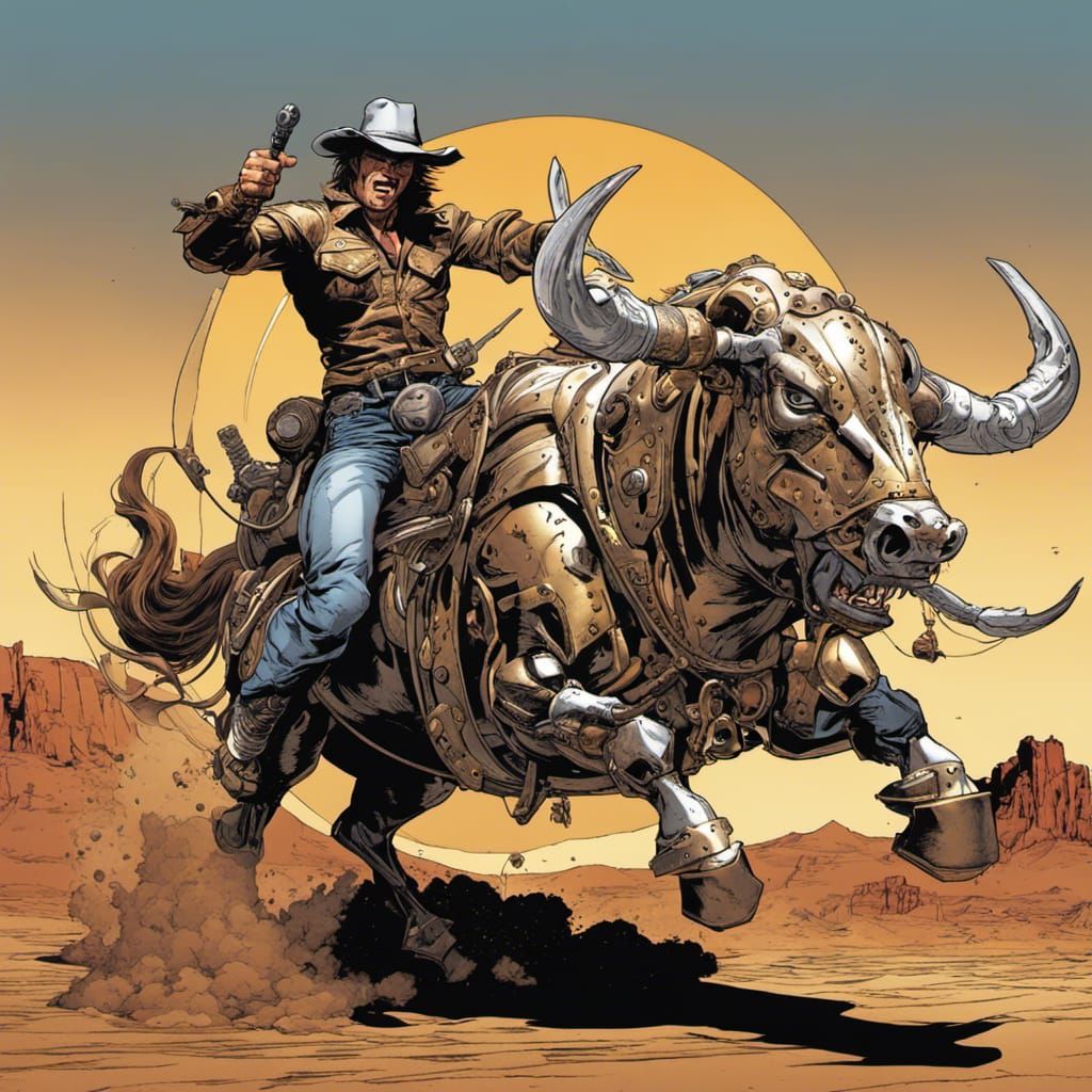 Award winning Fantasy art:  muscle cowboy riding a shinny metalic angry robotic mechanical bull, knife work,  desert, re...