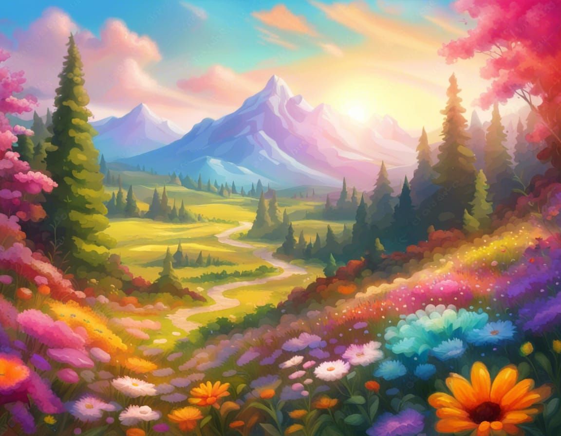 Lush Summer Landscape with Iridescent Splash Art