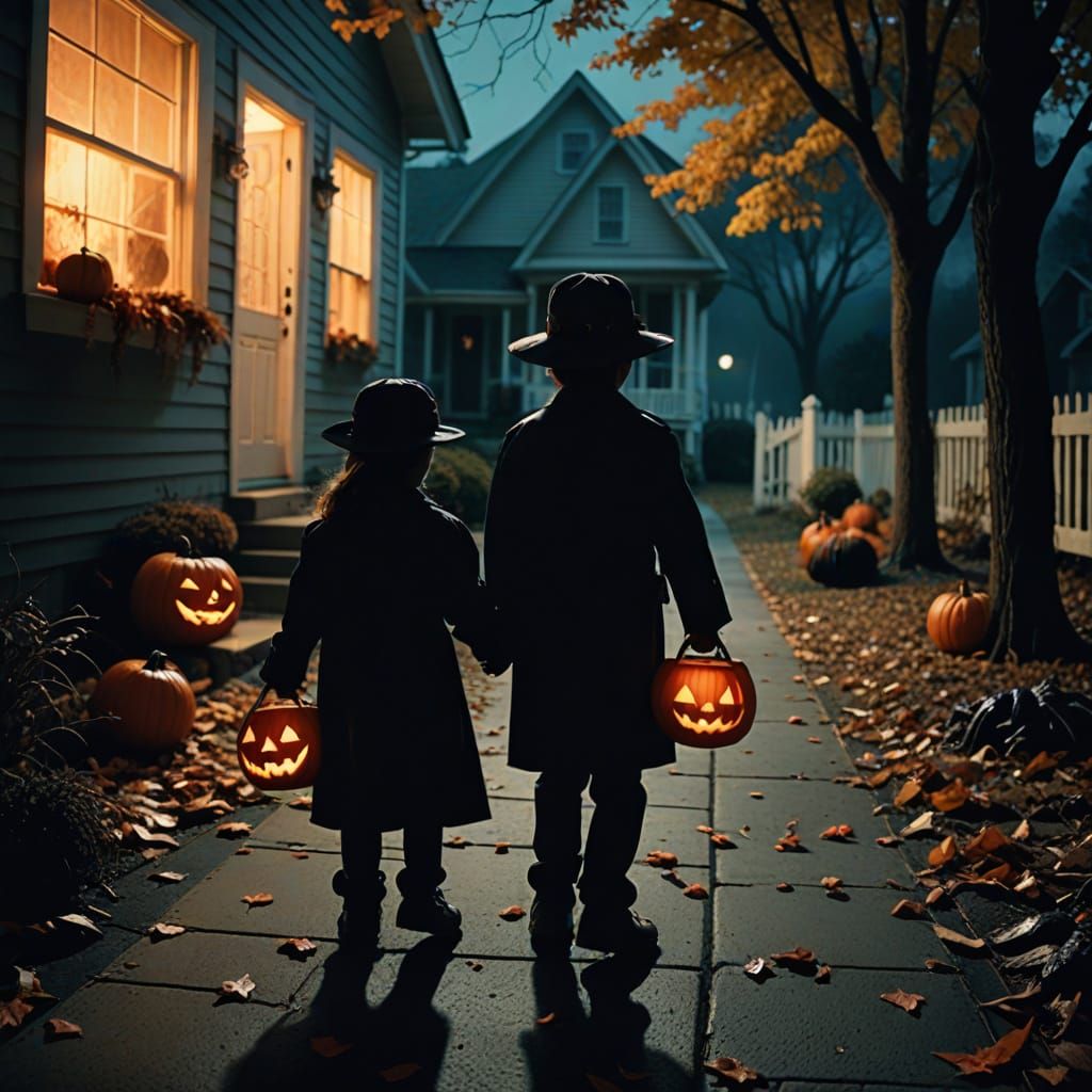 Spooky Trick-or-Treat Scene in Cinematic Film Style