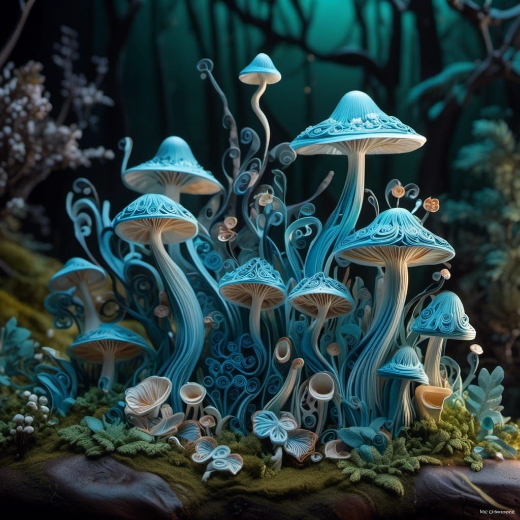 Bioluminescent Mushroom Forest in Quilled Paper Art