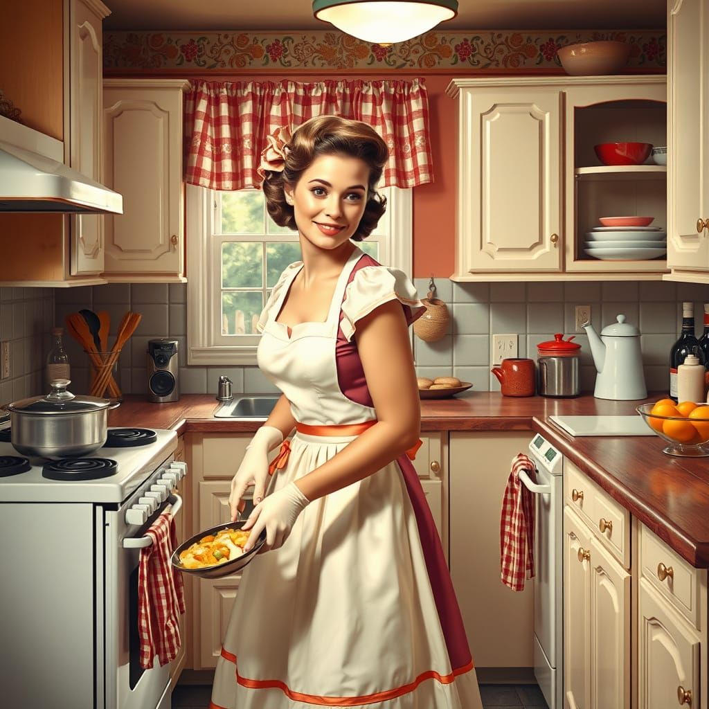 Housewife in 1950s Kitchen, Norman Rockwell Style