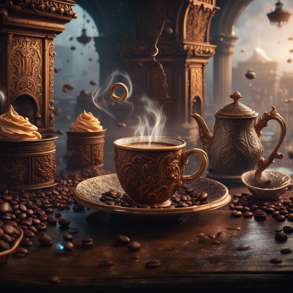 Fantastical Coffee: Detailed Matte Painting in Deep Color