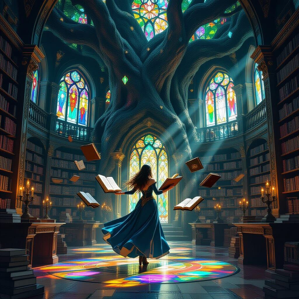 Female Mage in a Tree Library, Dark Fantasy Art