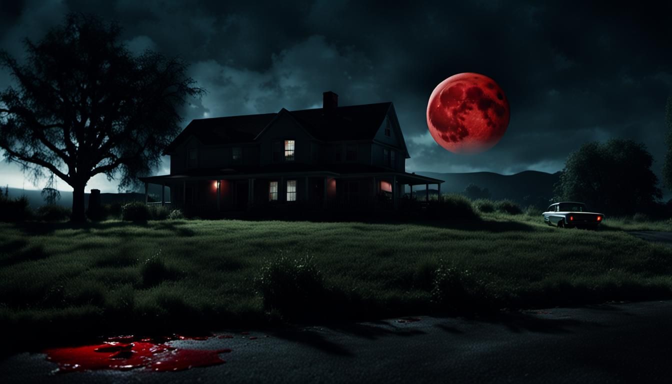 Eerie House with Blood Moon in Cinematic Lighting