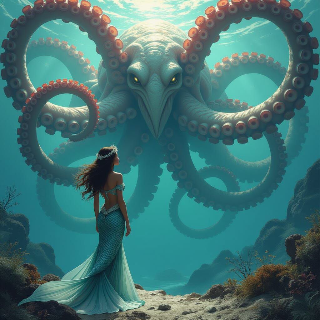 Mermaid and Kraken in Ornate Art Nouveau Style