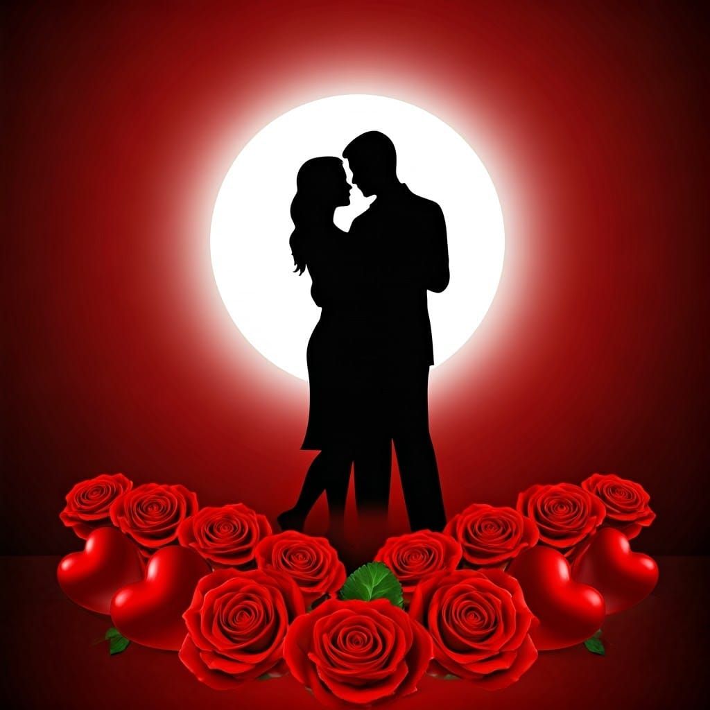 Romantic Couple Dancing Under Pale Moonlight with Red Hearts...