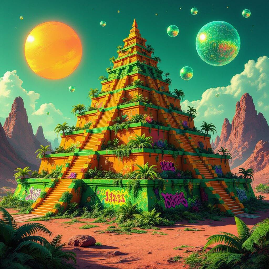 Neon Crayon Ziggurat Jungle on Alien Planet