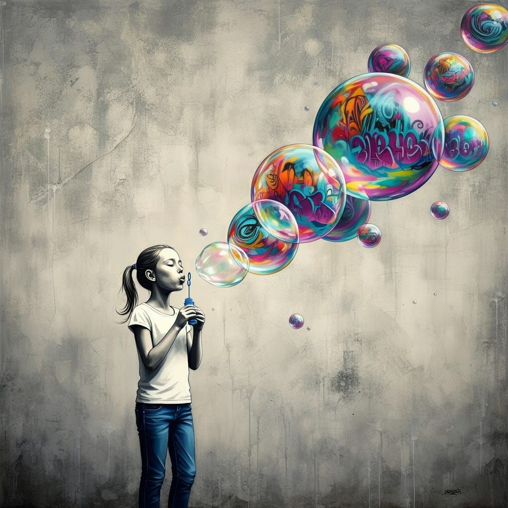 Whimsical Street Art Girl Blows Colorful Bubbles