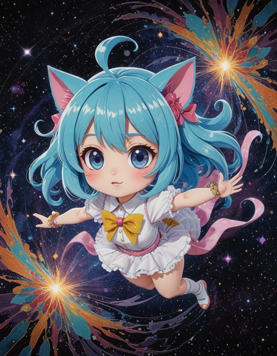 Anime Waifu Drifting Through Cosmic Void in Surreal Style
