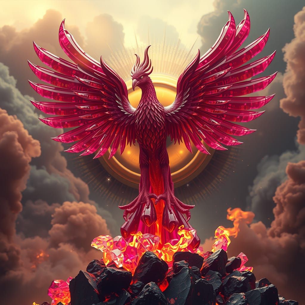 Surreal Ruby Phoenix Rises from Golden Eye of Ra