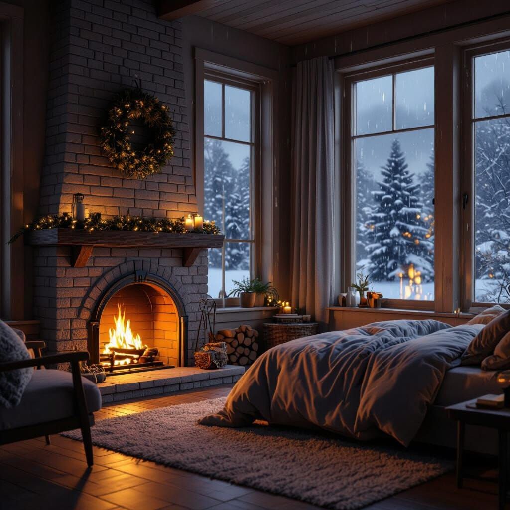Cozy Bedroom With Fireplace on Rainy Night