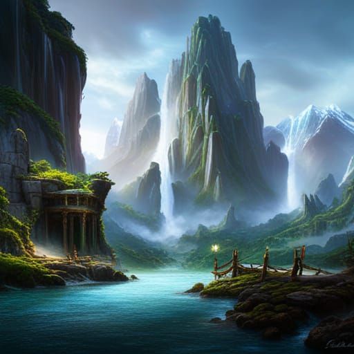Fantastical Waterfall and Mountain Landscape Painting