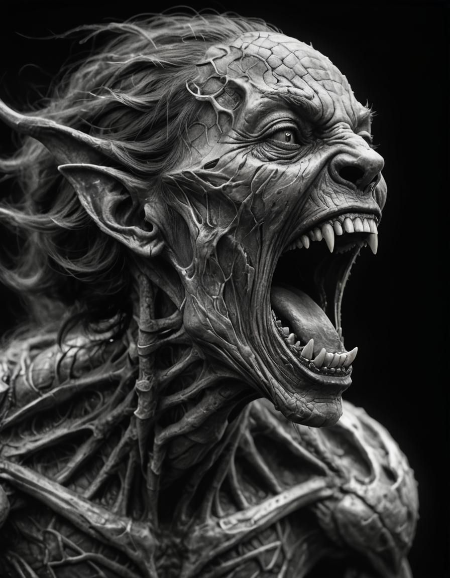 Detailed Charcoal Sketch of Screaming Mythical Creature