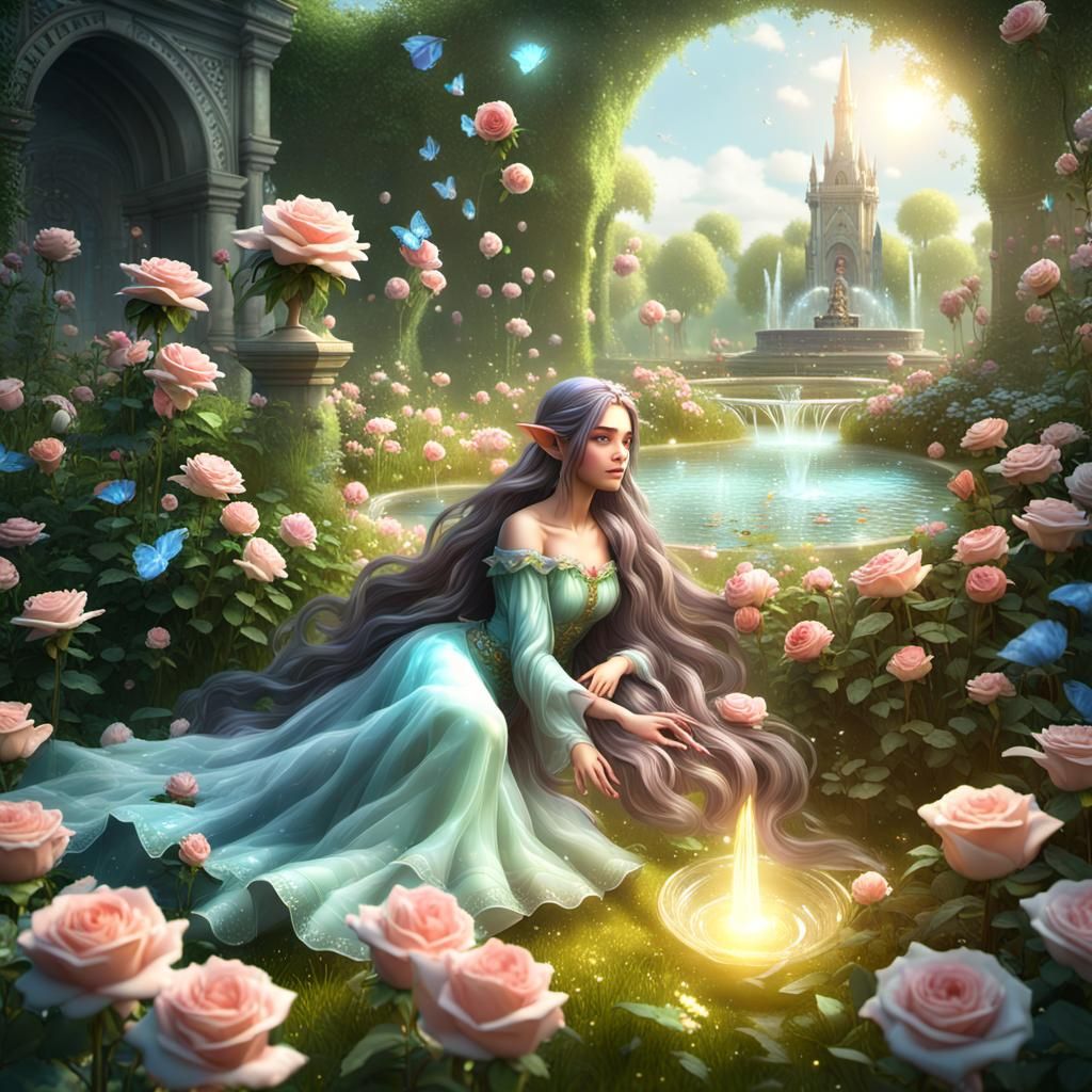 Sleeping Fairy Elf in Rose Garden, 3D Render