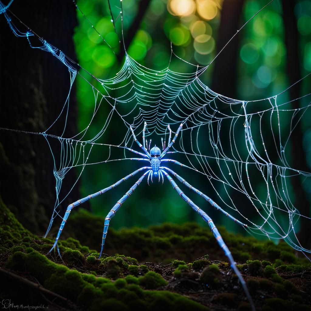 Bioluminescent Spider Weaving Web in Alien Forest