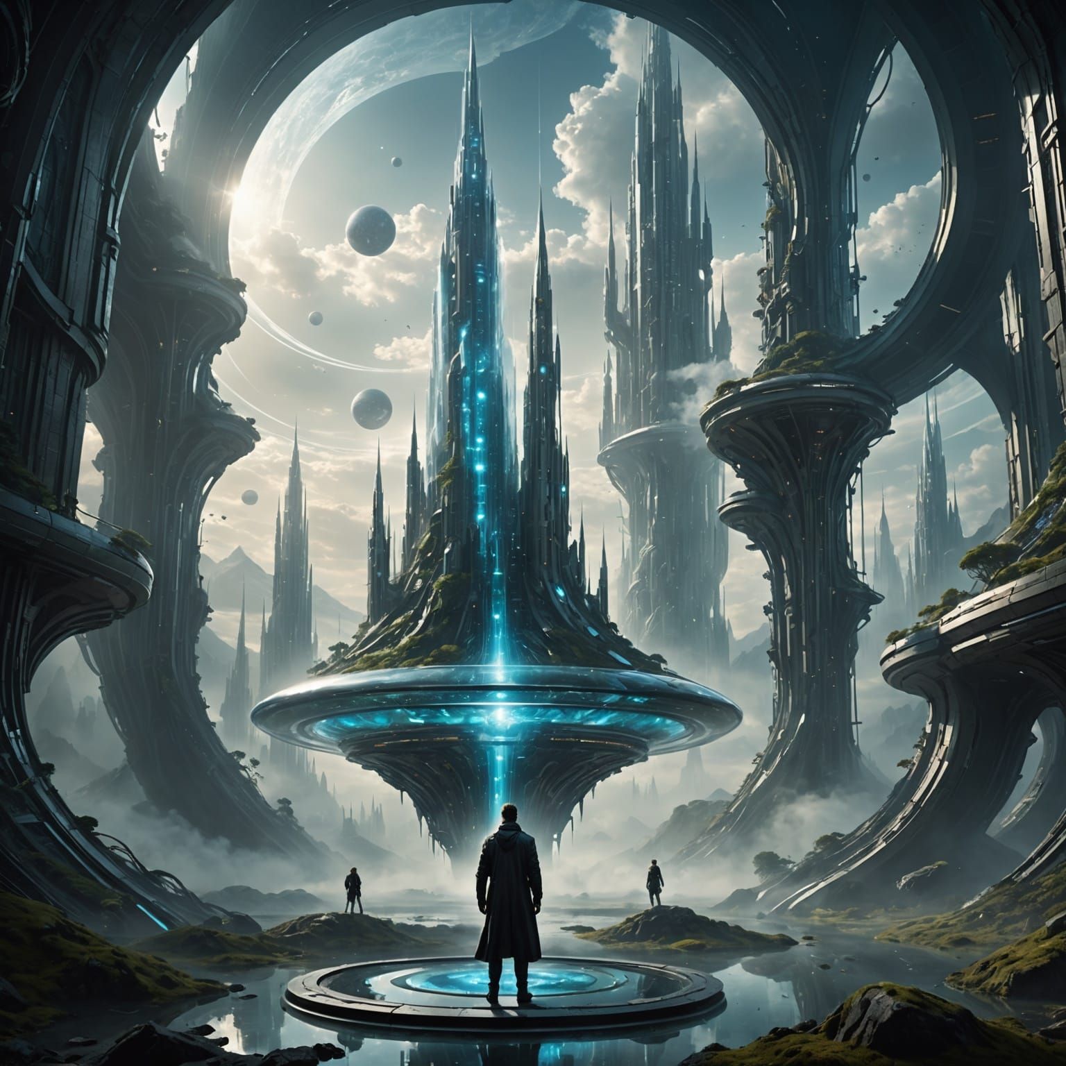 Surreal Futuristic Scene with Glass Spire and Vibrant Vines