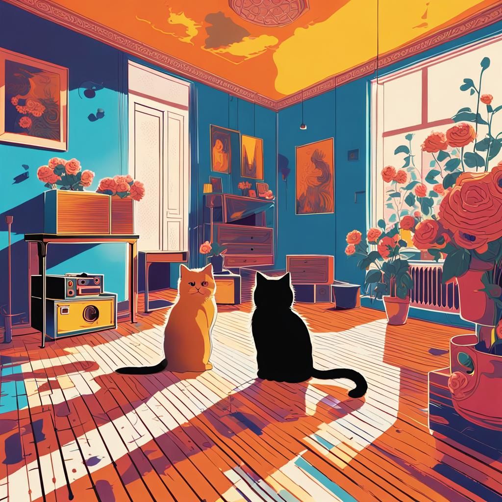 Persian Cats in Retro Apartment, Pop Art Style