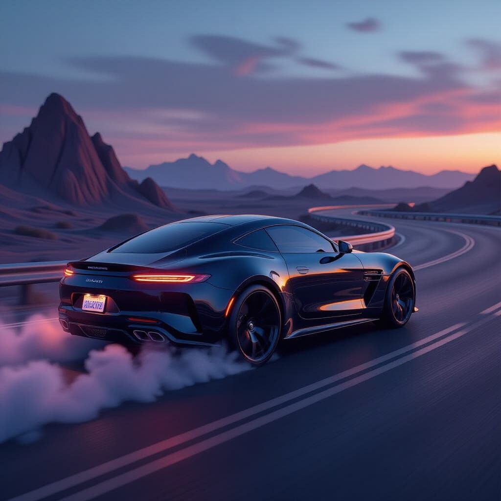 Luxury Sports Car Speeds Down Highway, Smoke From Wheels