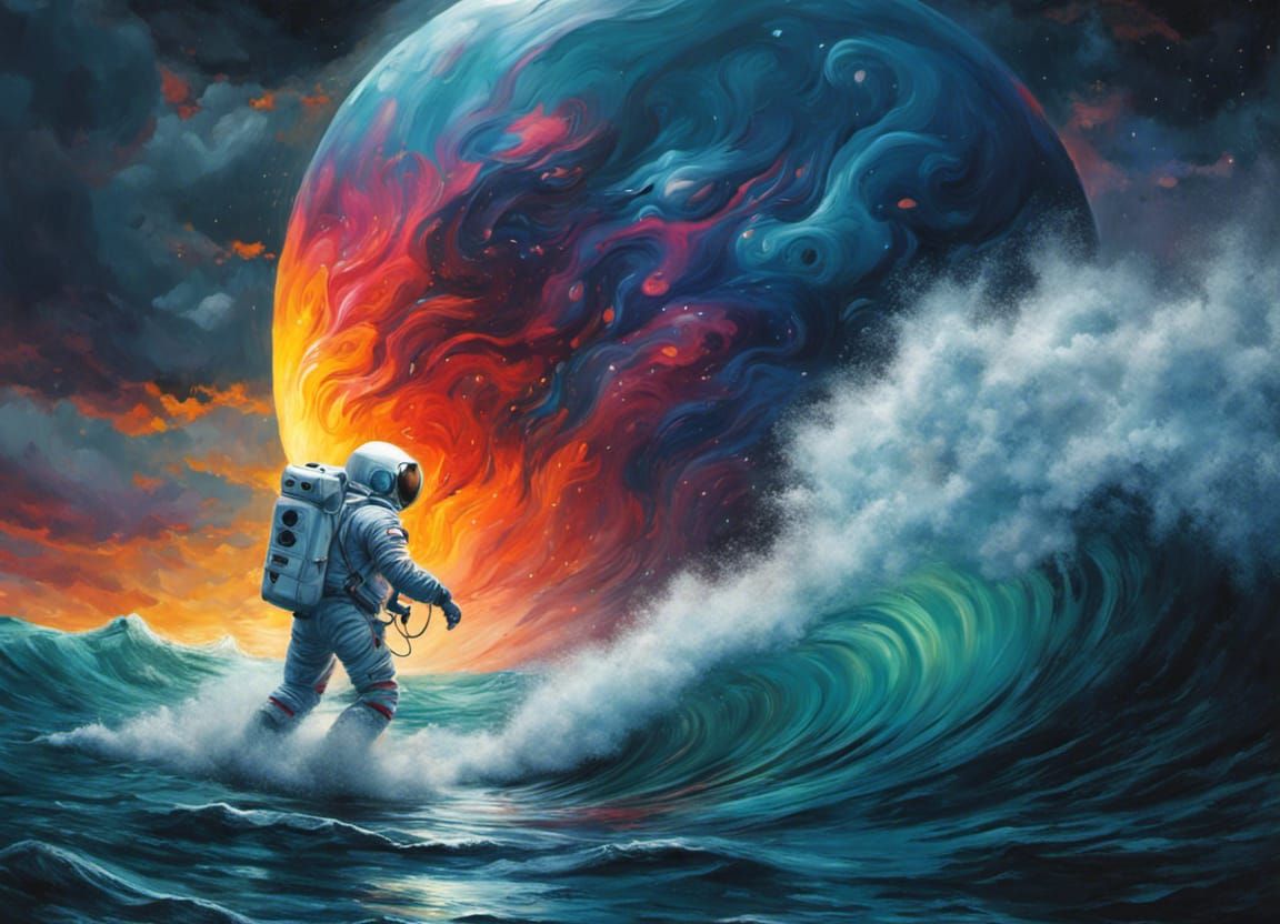 Astronaut in Ocean During Thunderstorm: Digital Painting