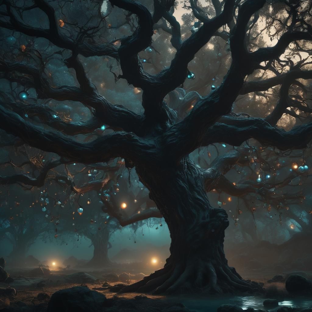 Otherworldly Tree with Orb Fruits in Rembrandt Lighting