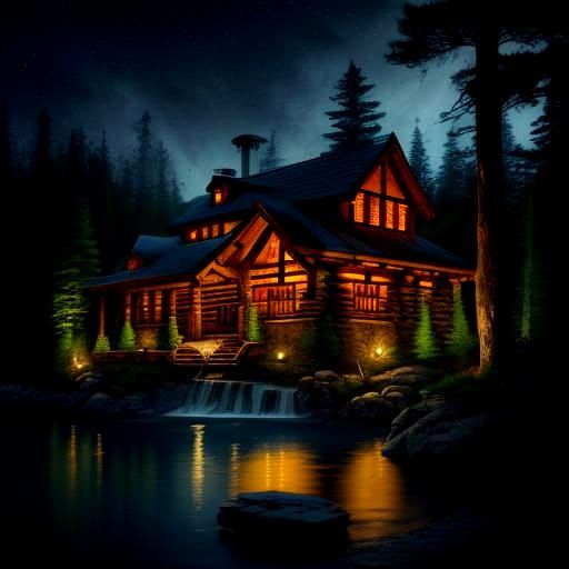 Majestic Autumn Lodge by Waterfall in Hyperrealistic Style