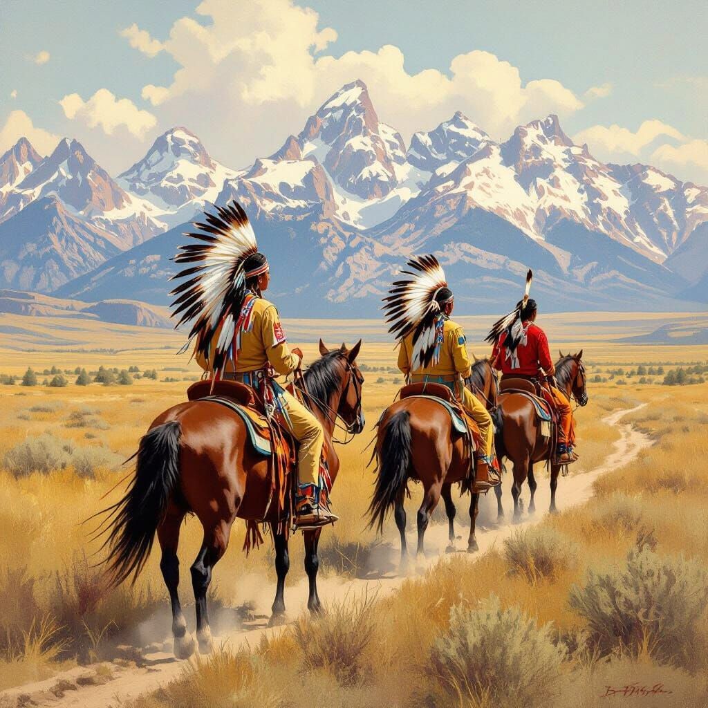 Native Americans on Horseback in Mountain Landscape