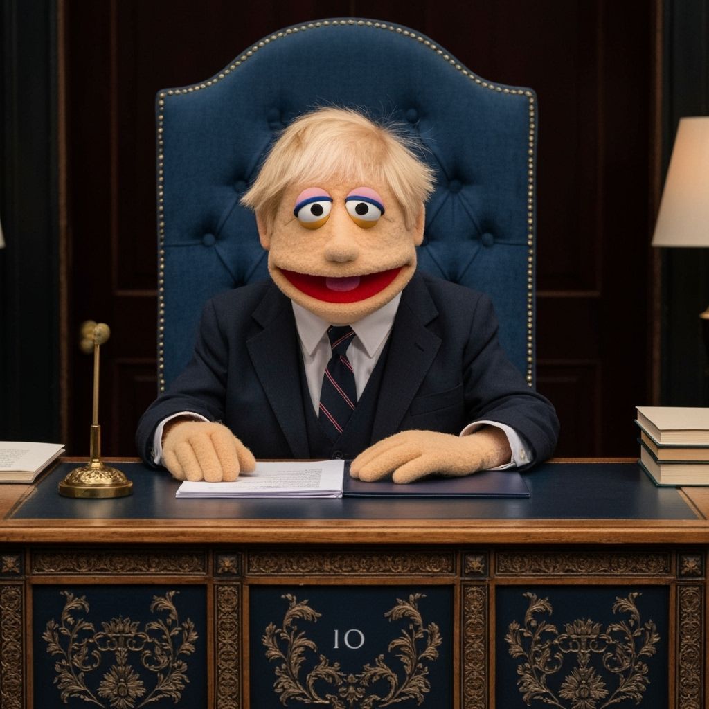 Muppet Boris Johnson sitting behind a desk in 10 Downing Str...