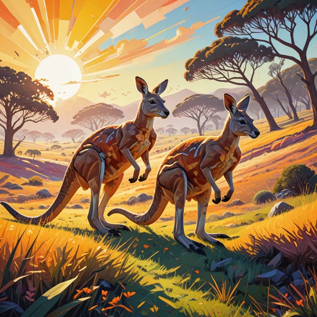 Kangaroos Leap in Geometric Australian Grassland