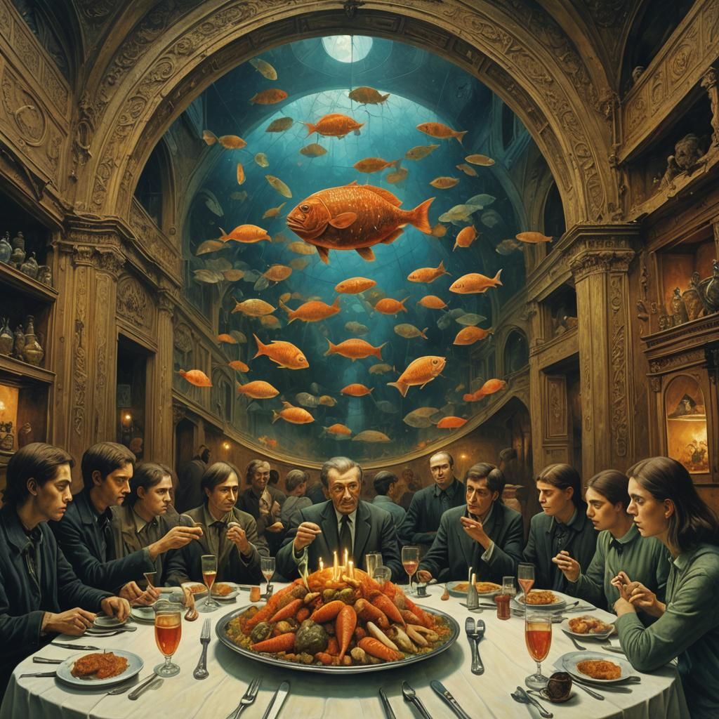 The fish, shimmering with an otherworldly luminescence, were arranged in intricate patterns that seemed to dance with th...