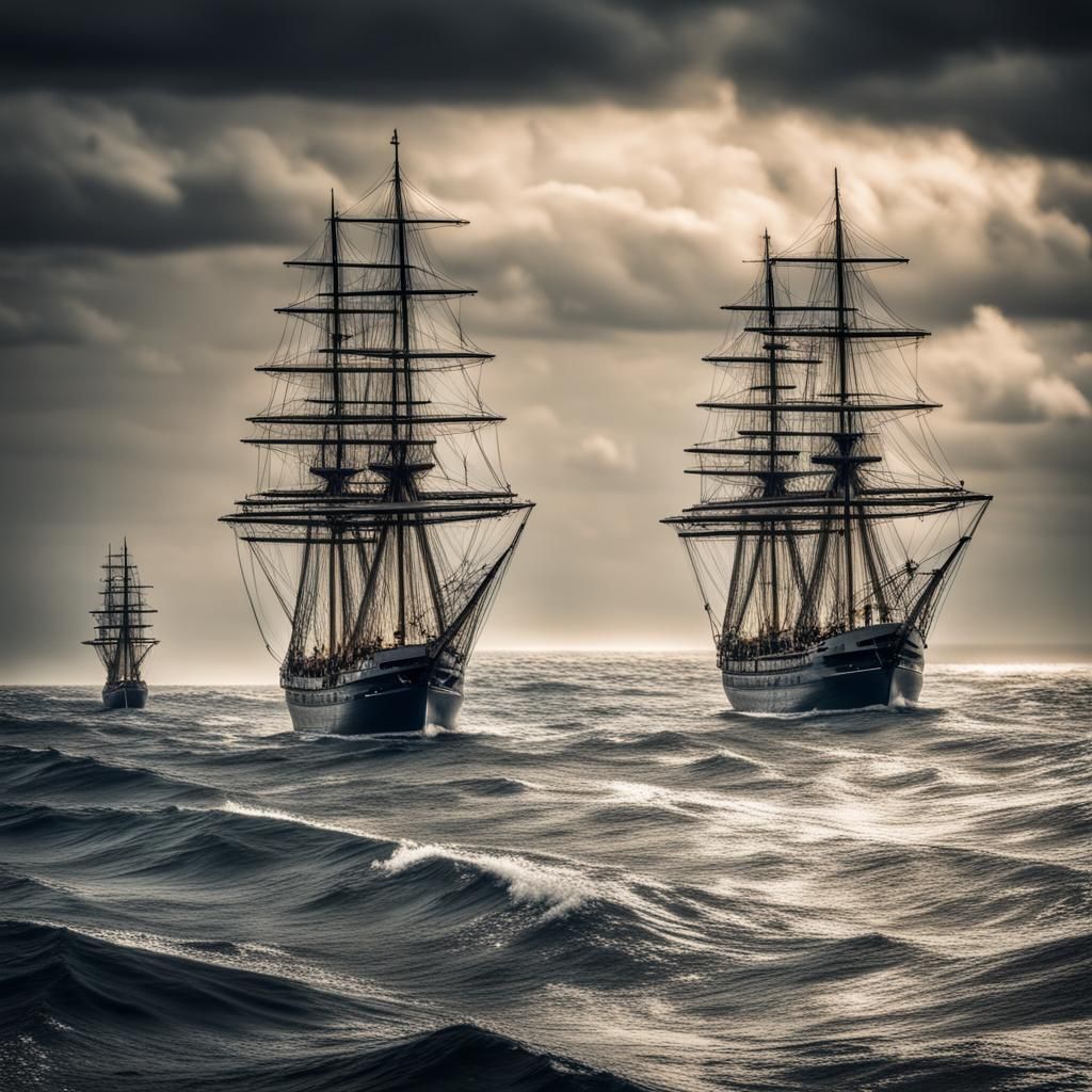 Hyperrealistic Ships Sailing on a Moody Ocean