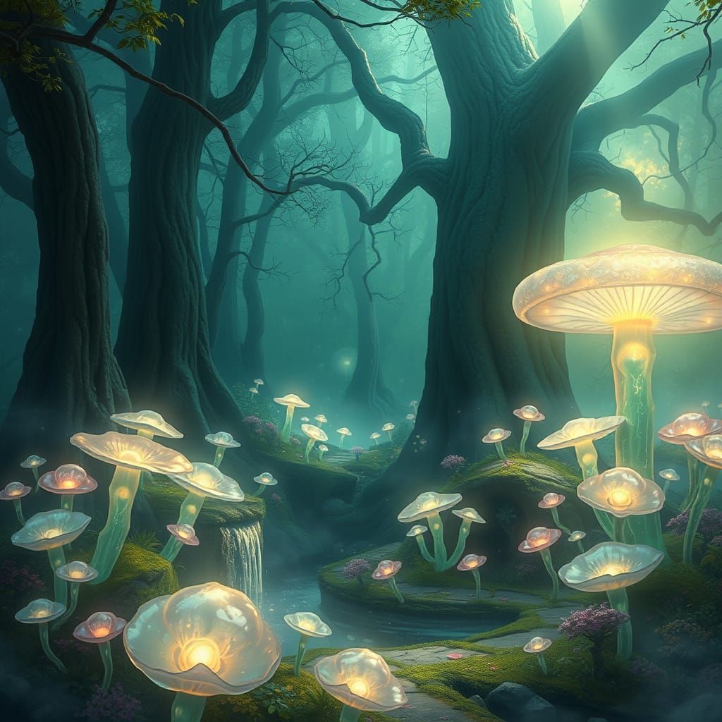 Ethereal Garden with Crystal Flowers and Bioluminescent Fung...