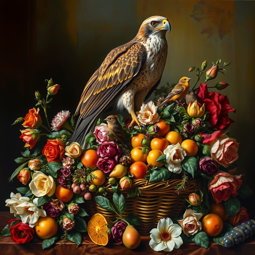 Elegant Baroque Still Life with Majestic Hawk