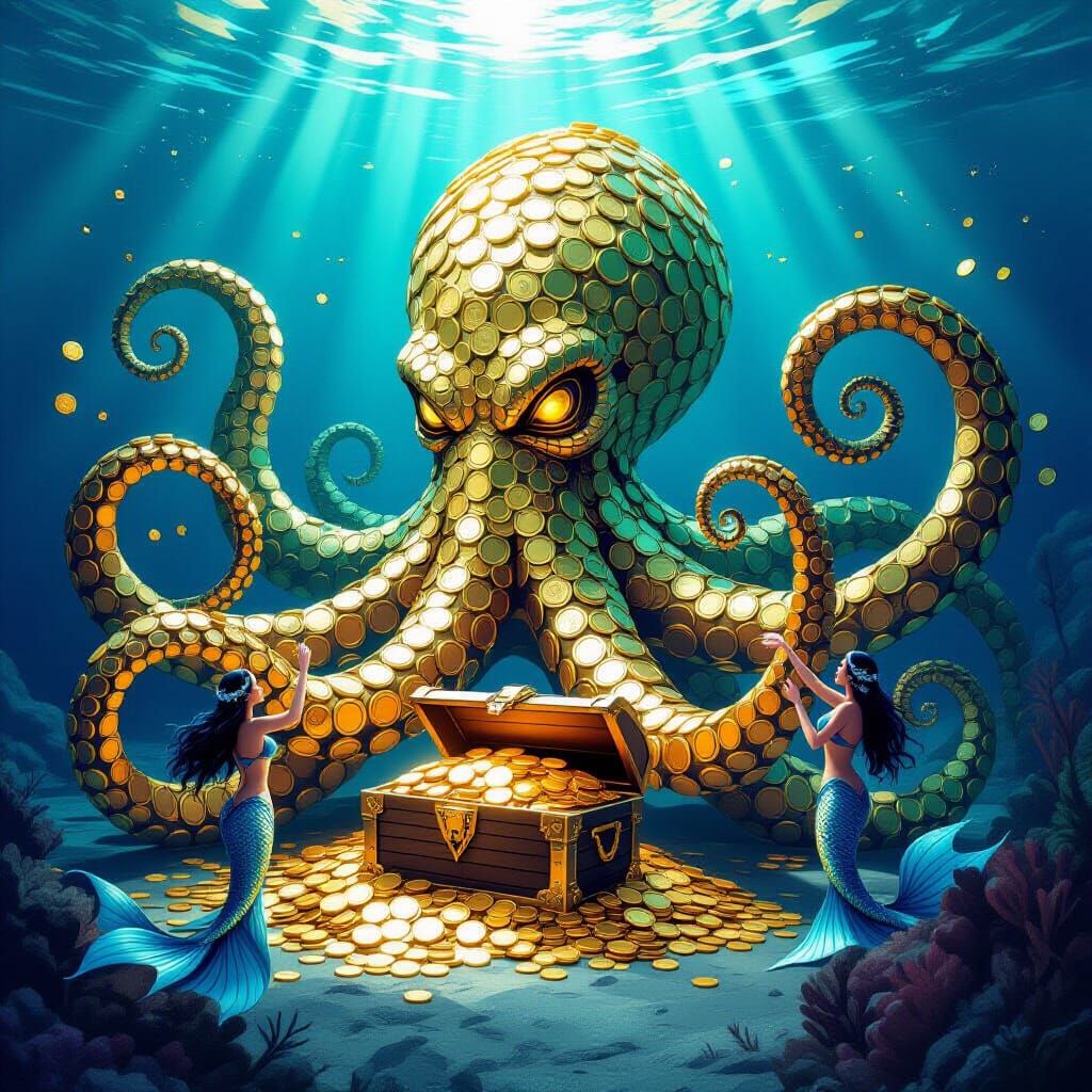 Golden Kraken Rises from Ocean Abyss with Mermaids