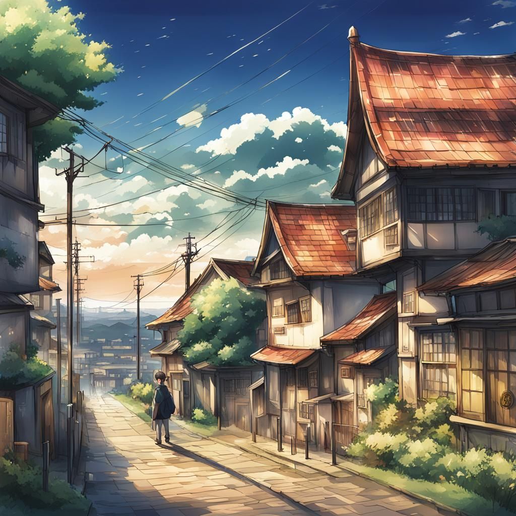 anime/manga style.
anime, city scene, a countryside scene, landscape scene etc.