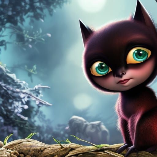 Illustration of cute baby bat girl, big eyes, highly detailed background, unique, dramatic pose, anatomically correct, 3...