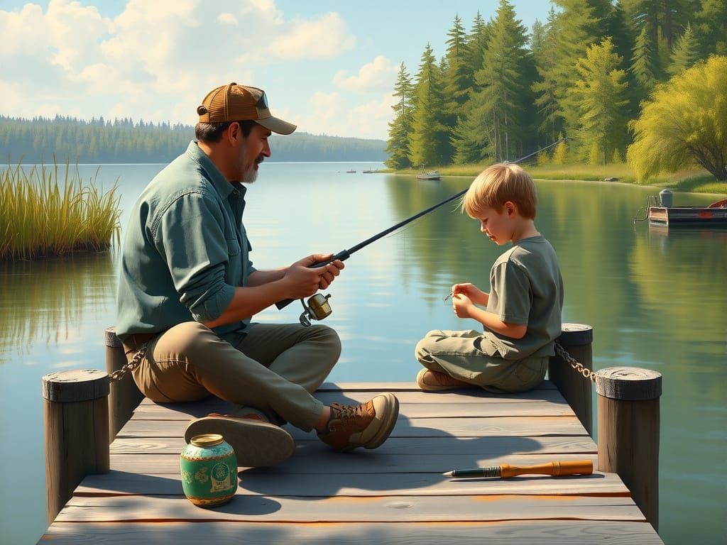 Father and Children Fishing in Rockwell Style