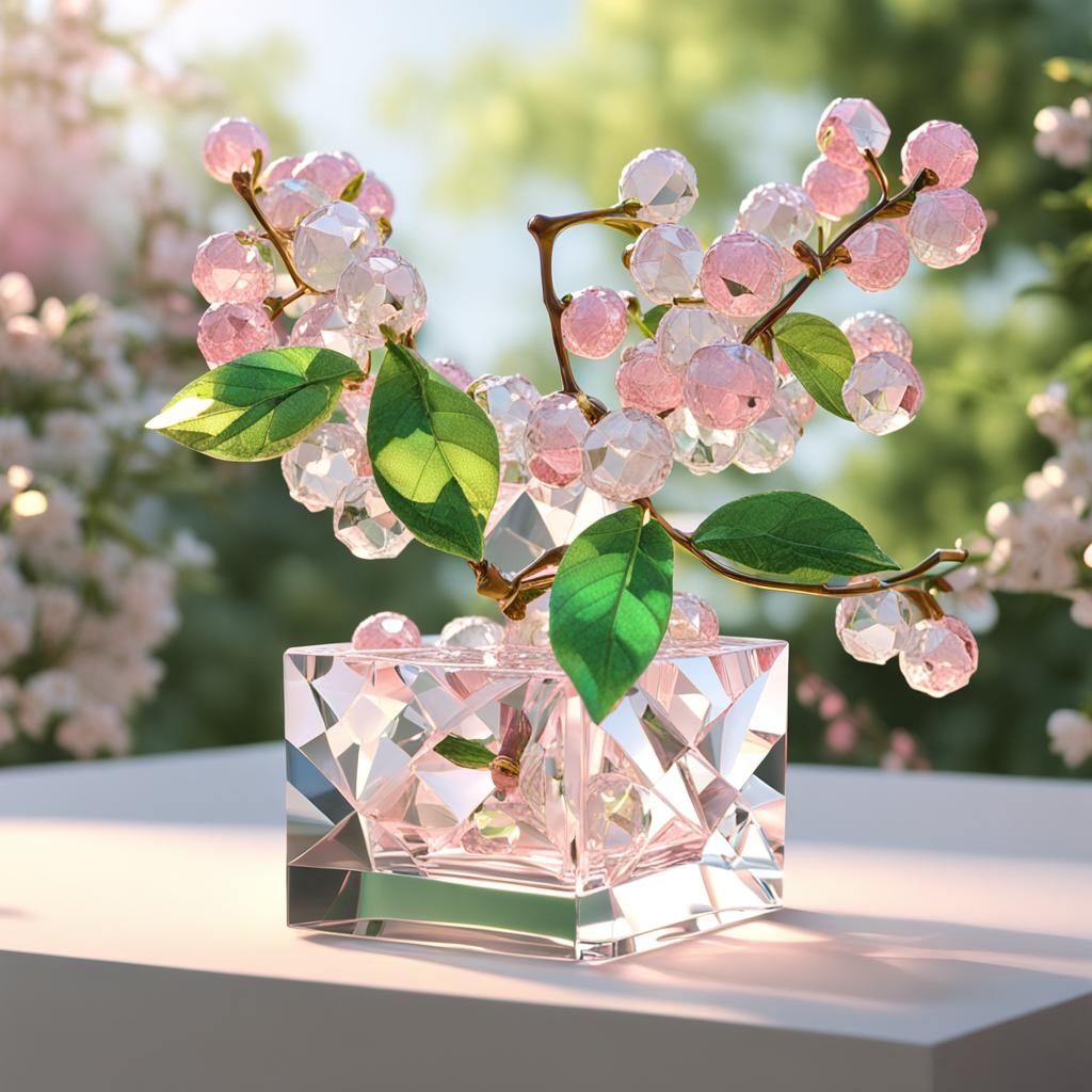 Rococo Cubist Crystal Cherries in Garden Setting