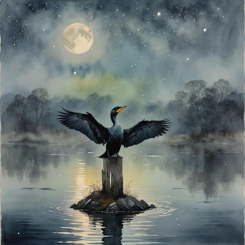 Cormorant in Misty Pond: Abstract Watercolor Art