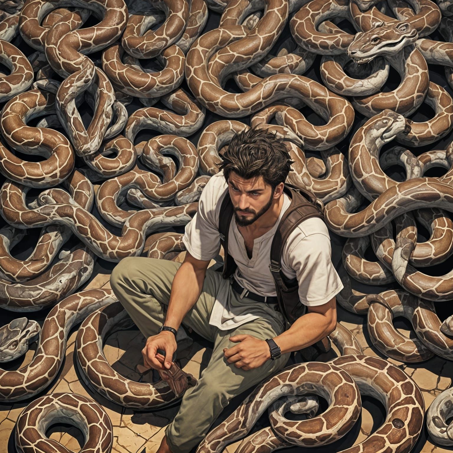 Moroccan Man Surrounded by Pythons in Anime Style