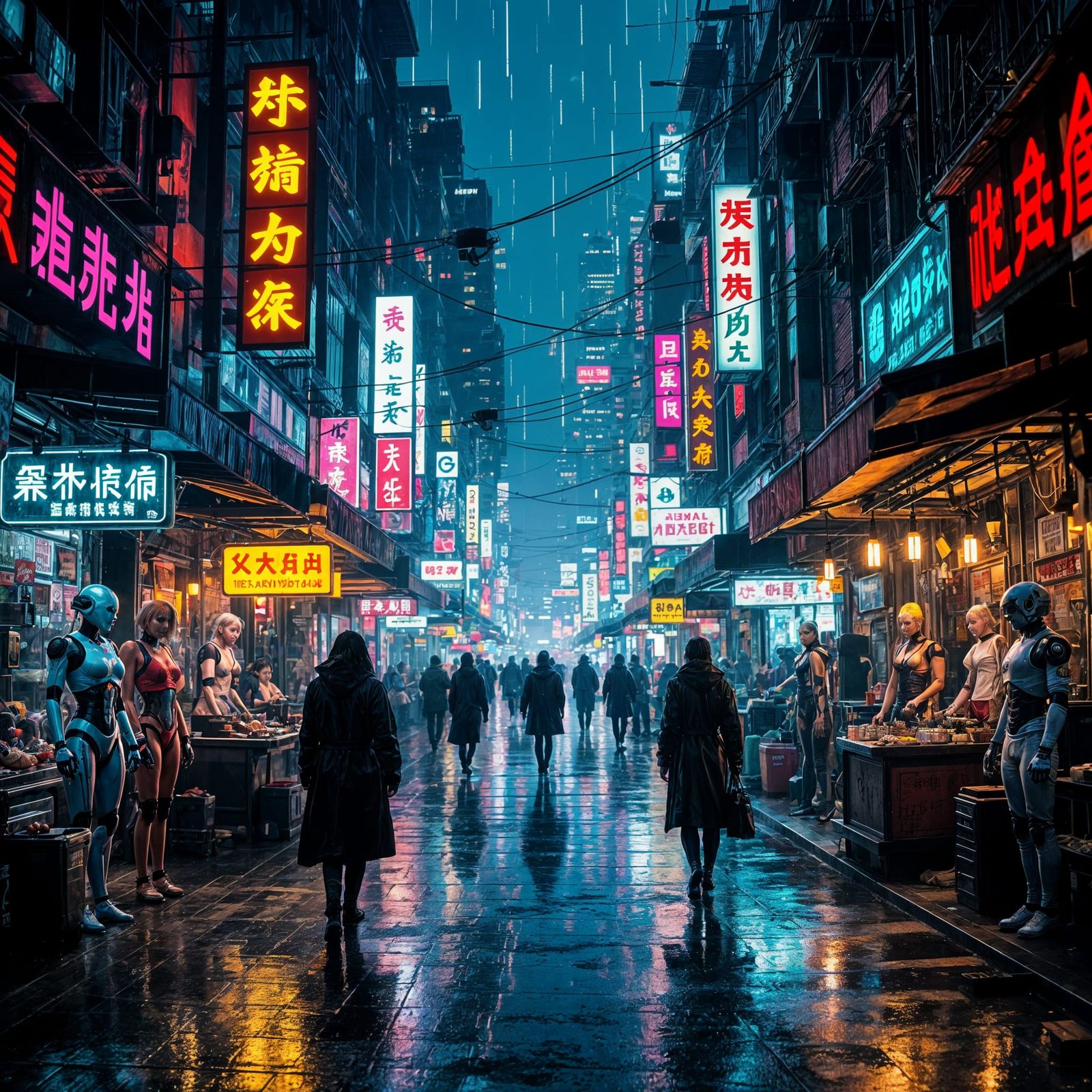 Cyberpunk Street Market with Androids and Neon Signs