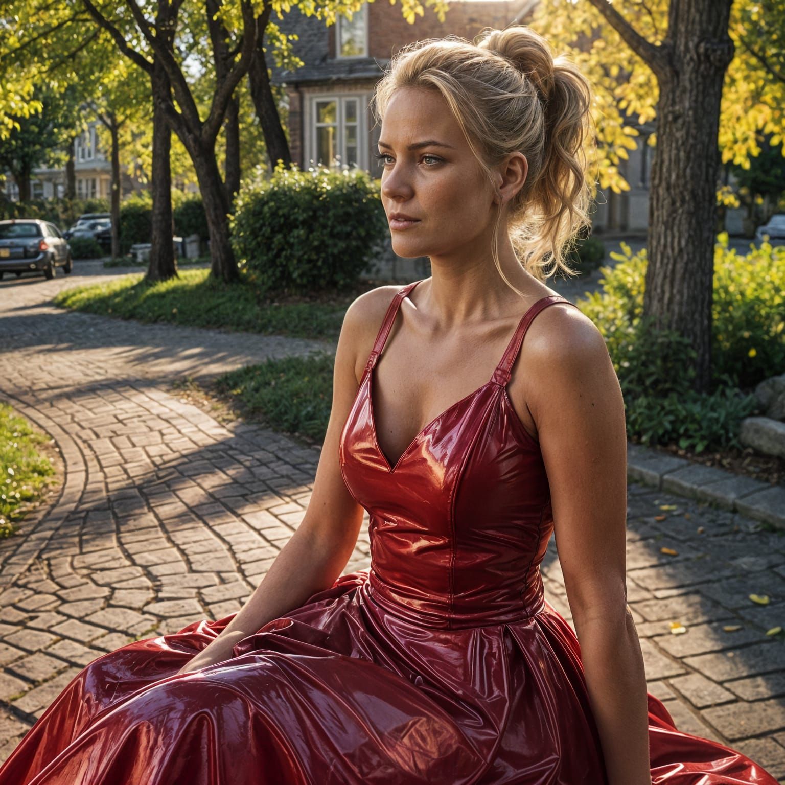 Woman in Red PVC Dress Outdoors
