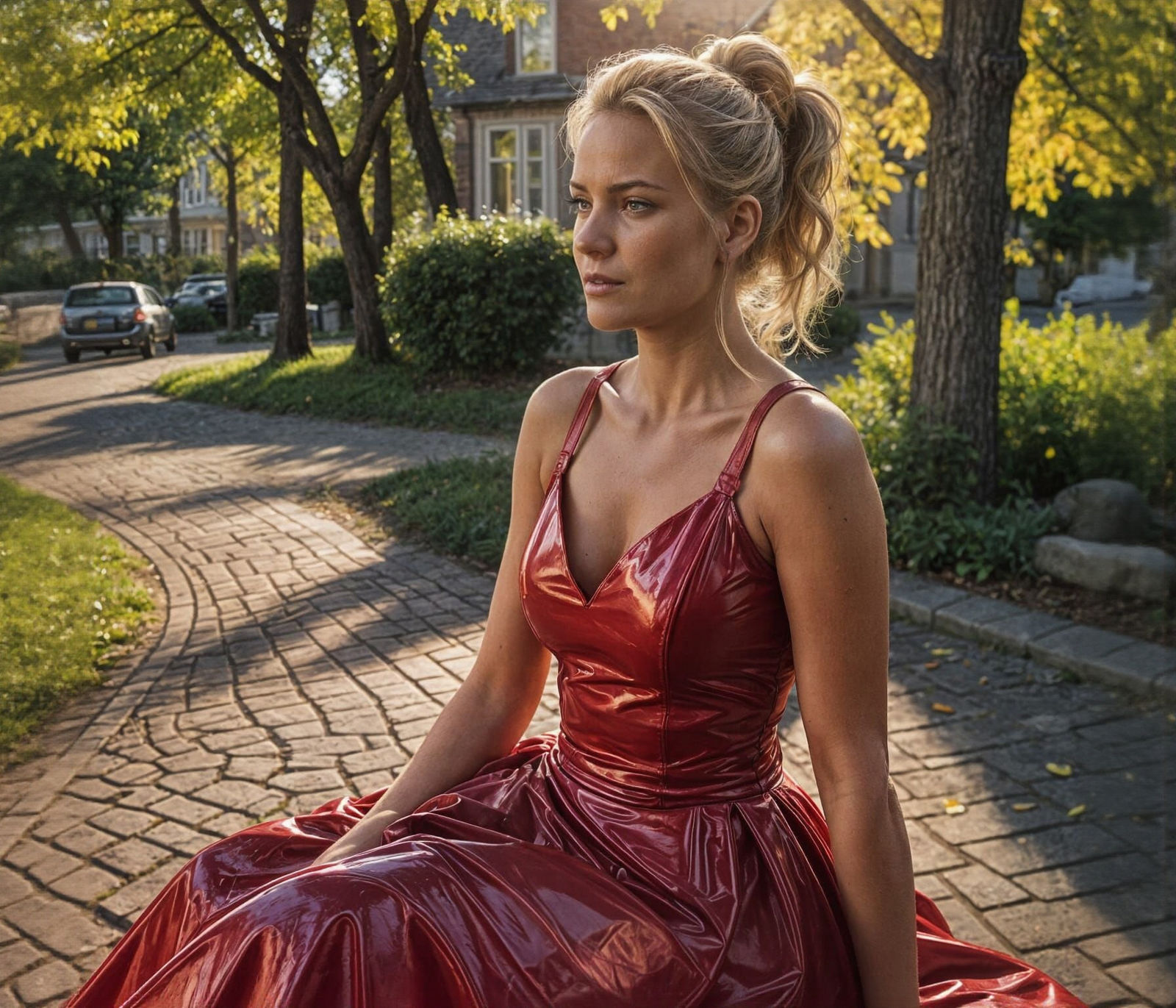Woman in Red PVC Dress Outdoors